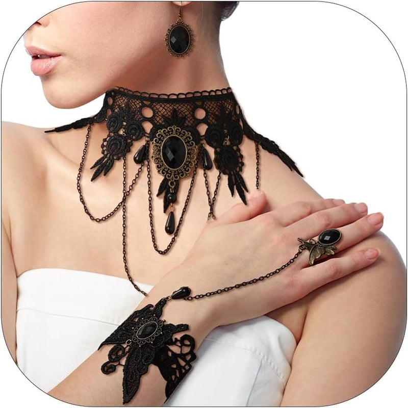 ELLEZZA Gothic Victorian Style Vampire Choker Necklace Bracelet Earrings Set,Halloween Pirate Steampunk Witch Vampire Costume Accessories Jewelry for Women,Adjustable Size - Image 1